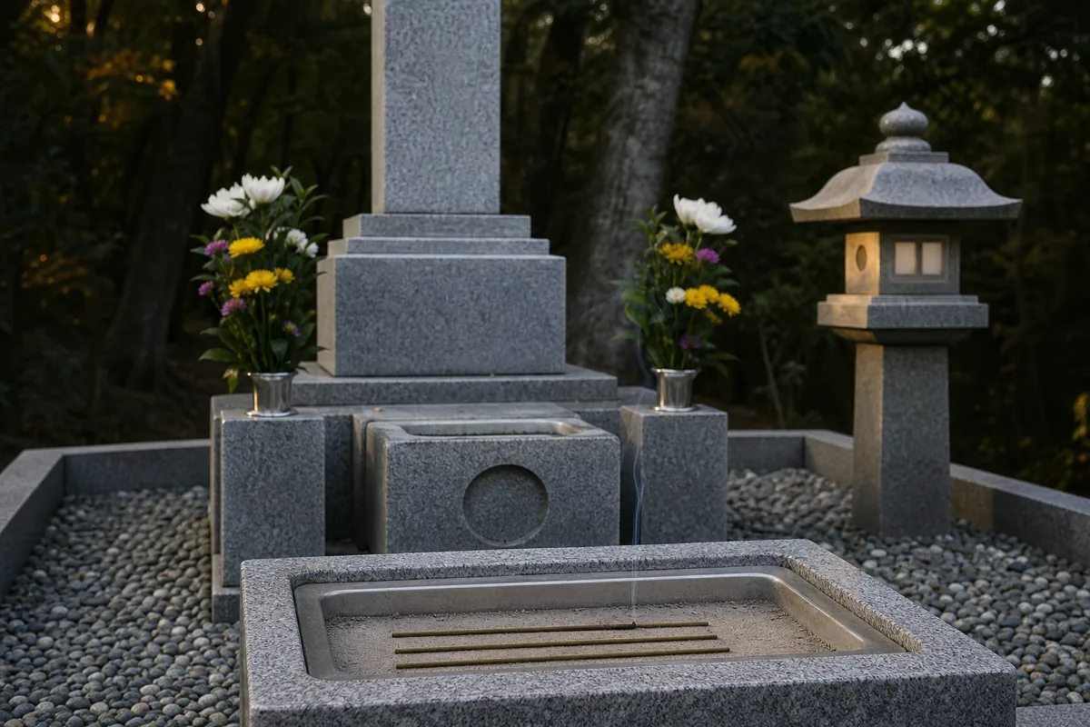 香炉の線香から細い煙が上がり、左右の花立てに花が供えられている