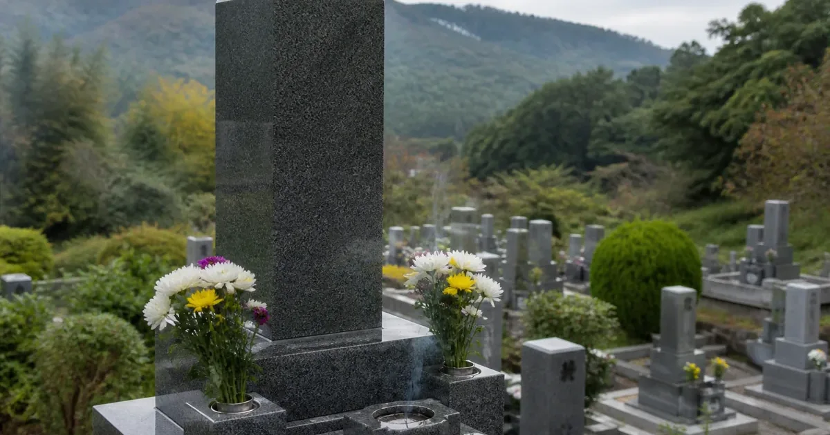 洗い終えた墓石に花が供えられ、線香から細い煙が上がっている和歌山県内の墓地